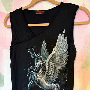 Spiral Direct Black Tank Top with Winged Horse Pegasus Unicorn Design Mythical M